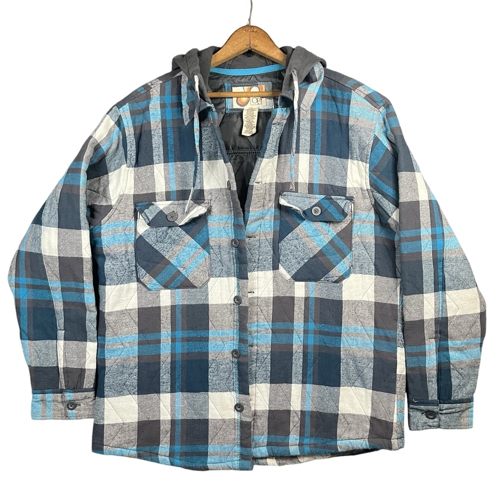 Vintage 90s Y2K OP Shacket Mens L Flannel Plaid Hoodie Quilted Blue Gray Skiwear